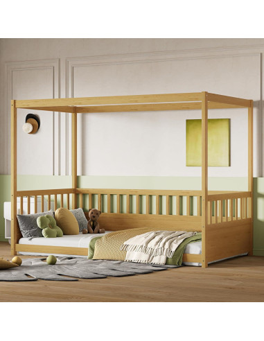 Cama Montessori Twin KEIKI con Dosel de Madera Natural