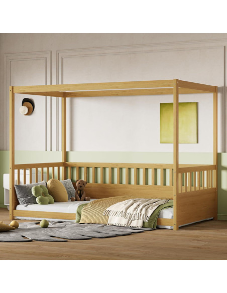 Cama Montessori Twin KEIKI con Dosel de Madera Natural Cama Montessori Twin KEIKI con Dosel de Madera Natural