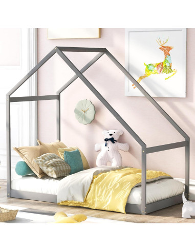 Cama Montessori Twin Bellemave de Madera con Techo Gris
