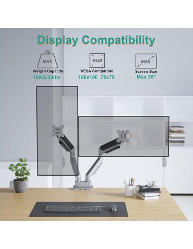 Soporte Doble para Monitor WALI GSMU002 Ajustable USB Plata