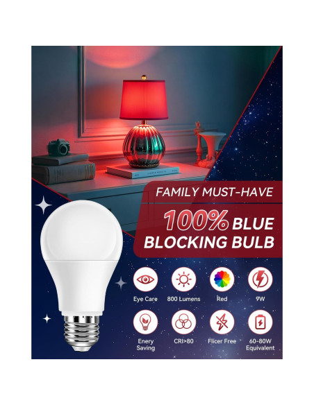 Bombillas LED rojas Neporal 9W A19 100% luz azul bloqueada Bombillas LED rojas Neporal 9W A19 100% luz azul bloqueada