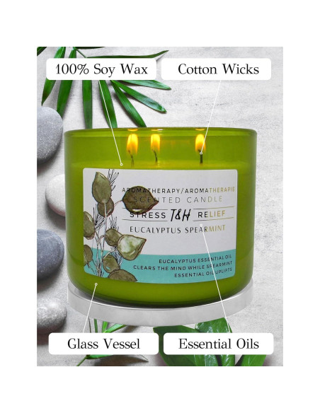 Vela Aromática T&H Eucalipto y Menta 3 Mechas 450 g Vela Aromática T&H Eucalipto y Menta 3 Mechas 450 g