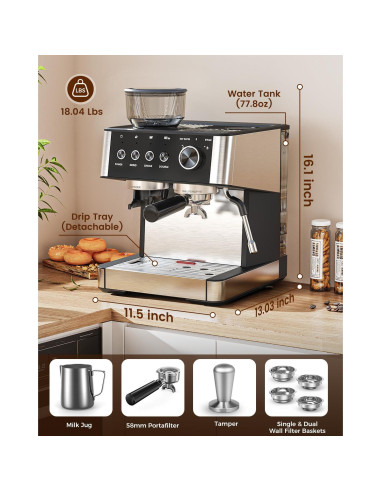 Máquina de Espresso Electactic CM8031 - 20 Bar, Molinillo y Espumador
