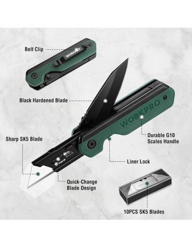 Cuchillo Plegable 2-en-1 WORKPRO G10 Verde con 10 Cuchillas SK5