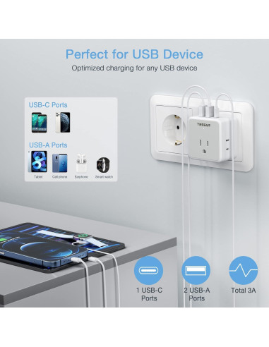 Adaptador de Enchufe de Viaje TESSAN 3 Salidas USB Tipo C/G/E/F