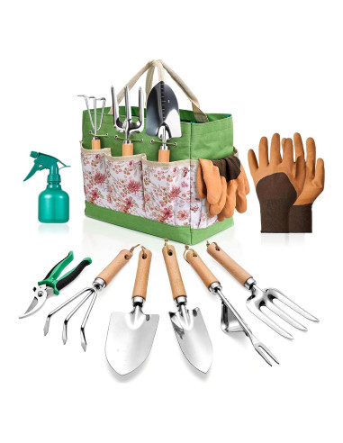 Set de Jardinería 9 Piezas con Bolsa y Guantes Verde