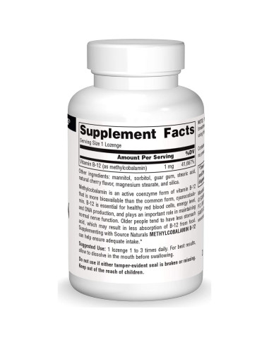 Suplemento de Vitamina B12 Metilcobalamina Source Naturals 60 Tabletas