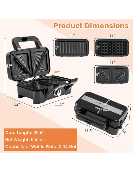 Máquina de Waffles 1200W COSTWAY 3 en 1 con Placas Desmontables Máquina de Waffles 1200W COSTWAY 3 en 1 con Placas Desmontables