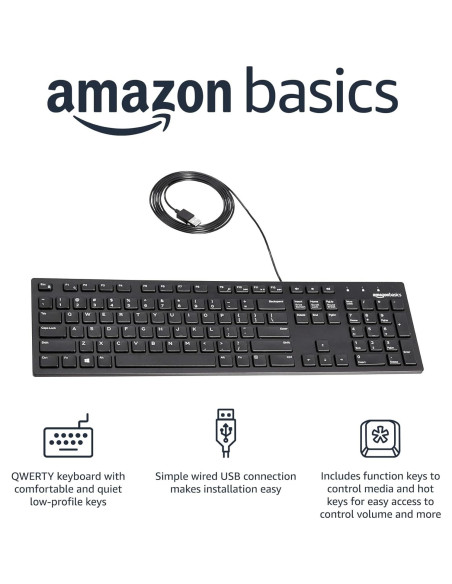 Teclado QWERTY con cable Amazon Basics, tamaño completo, negro Teclado QWERTY con cable Amazon Basics, tamaño completo, negro