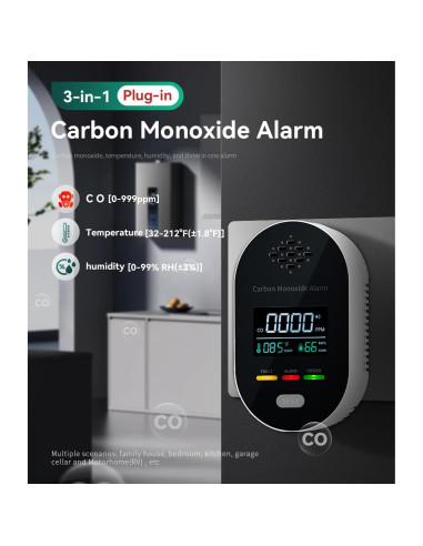 Detector de Monóxido de Carbono 3 en 1 FDUIOSPF Enchufable