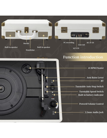 Reproductor de Vinilo JORLAI T316 Bluetooth 3 Velocidades Reproductor de Vinilo JORLAI T316 Bluetooth 3 Velocidades