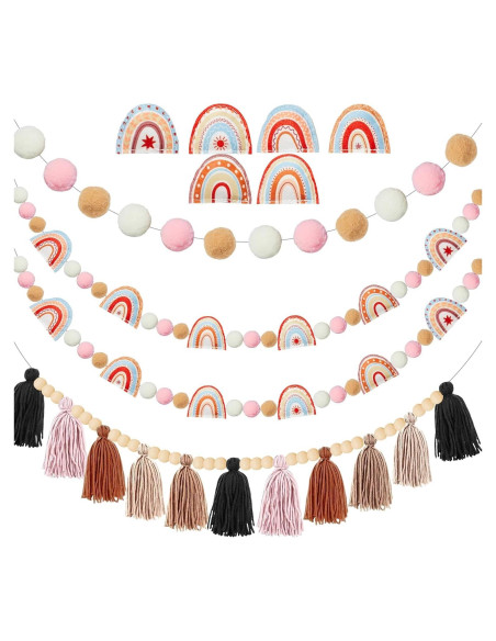 Guirnalda de Fieltro Boho QOUBAI 4 Pcs con Pom Poms y Borlas Guirnalda de Fieltro Boho QOUBAI 4 Pcs con Pom Poms y Borlas