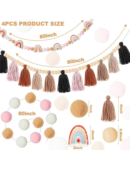 Guirnalda de Fieltro Boho QOUBAI 4 Pcs con Pom Poms y Borlas Guirnalda de Fieltro Boho QOUBAI 4 Pcs con Pom Poms y Borlas