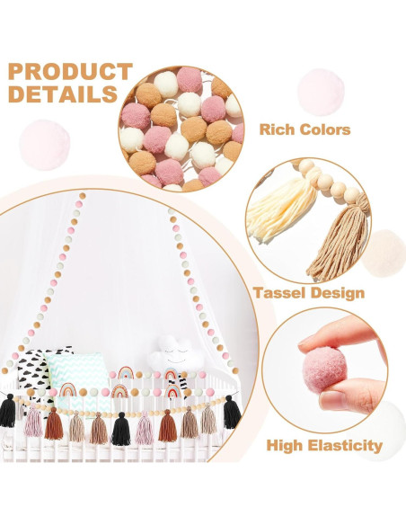 Guirnalda de Fieltro Boho QOUBAI 4 Pcs con Pom Poms y Borlas Guirnalda de Fieltro Boho QOUBAI 4 Pcs con Pom Poms y Borlas