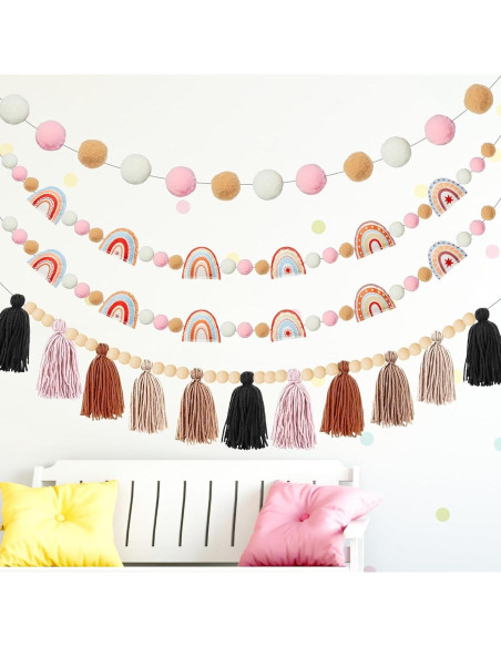 Guirnalda de Fieltro Boho QOUBAI 4 Pcs con Pom Poms y Borlas Guirnalda de Fieltro Boho QOUBAI 4 Pcs con Pom Poms y Borlas