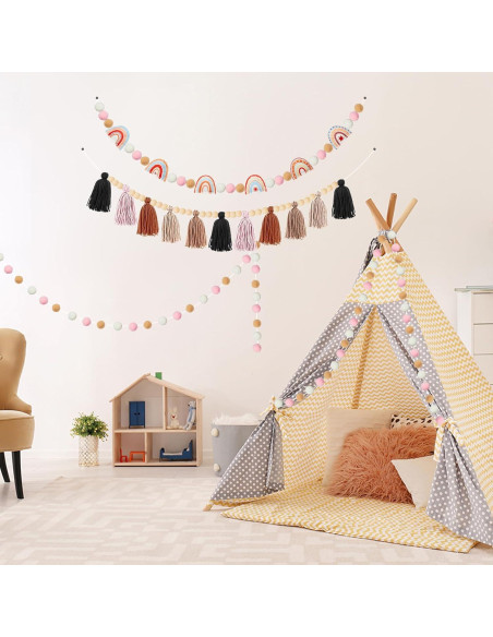 Guirnalda de Fieltro Boho QOUBAI 4 Pcs con Pom Poms y Borlas Guirnalda de Fieltro Boho QOUBAI 4 Pcs con Pom Poms y Borlas
