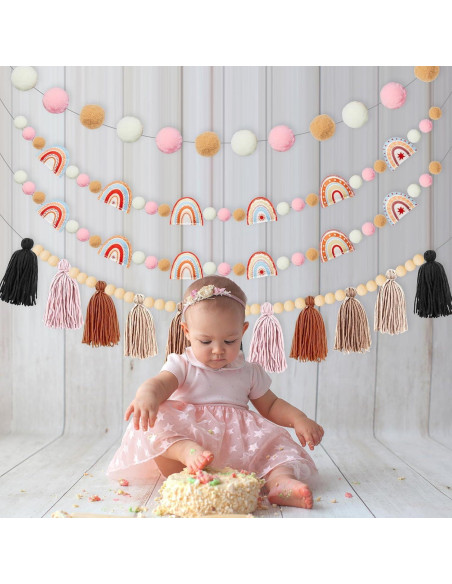 Guirnalda de Fieltro Boho QOUBAI 4 Pcs con Pom Poms y Borlas Guirnalda de Fieltro Boho QOUBAI 4 Pcs con Pom Poms y Borlas