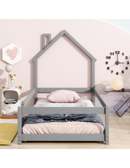 Cama Twin Hausway con Cabecera en Forma de Casa Gris Cama Twin Hausway con Cabecera en Forma de Casa Gris