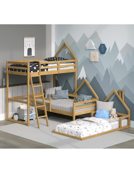 Cama de Piso Twin P'kolino Casita Madera Natural Montessori Cama de Piso Twin P'kolino Casita Madera Natural Montessori