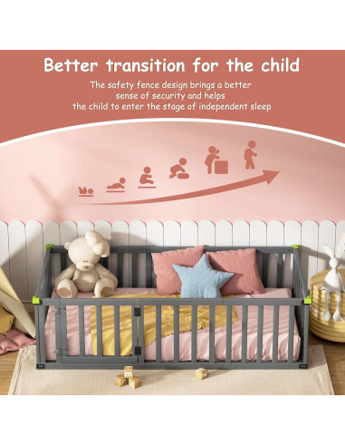 Cama Montessori Twin ROOMTEC Gris Madera Maciza con Valla