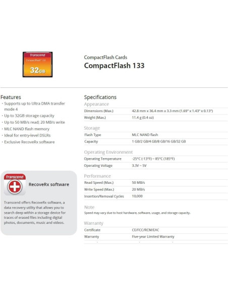 Tarjeta de Memoria CompactFlash Transcend 2GB MLC 50MB/s Tarjeta de Memoria CompactFlash Transcend 2GB MLC 50MB/s