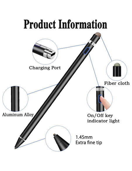 Lápiz Estilográfico Luntak Negro para iPad y Android 1.45mm Lápiz Estilográfico Luntak Negro para iPad y Android 1.45mm