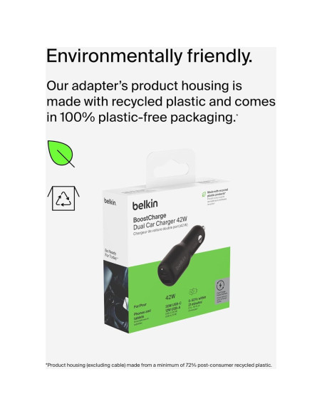 Cargador de coche Belkin BoostCharge 42W USB-C y USB-A Negro Cargador de coche Belkin BoostCharge 42W USB-C y USB-A Negro