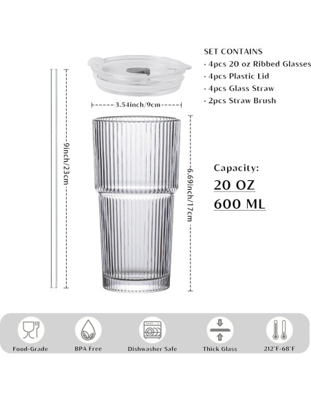 Vasos de Vidrio Estriado INSETLAN 20 oz - Juego de 4 Piezas Vasos de Vidrio Estriado INSETLAN 20 oz - Juego de 4 Piezas