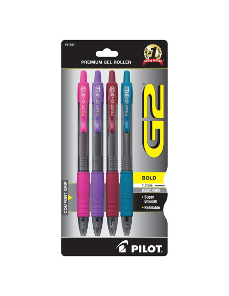 Bolígrafos de Gel Pilot G2, Punta Gruesa 1 mm, Paquete de 4 Colores Bolígrafos de Gel Pilot G2, Punta Gruesa 1 mm, Paquete de 4 Colores