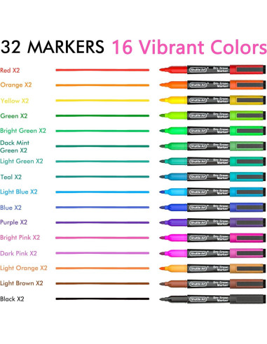 Marcadores de Pizarra Blanca Shuttle Art, Paquete 32, 16 Colores