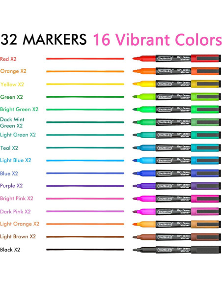 Marcadores de Pizarra Blanca Shuttle Art, Paquete 32, 16 Colores Marcadores de Pizarra Blanca Shuttle Art, Paquete 32, 16 Colores