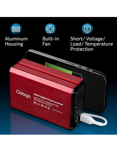 Inversor de Potencia 300W Odoga 12V DC a 110V AC con USB