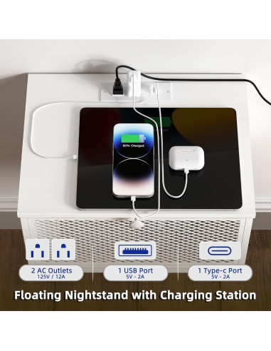 Mesita de Noche Flotante MOHOPE con Carga USB y Tipo-C Blanca