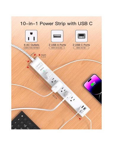 Regleta de Energía MIFASOPOWER 3m 6 Salidas AC 4 USB-C