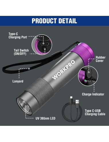 Linterna UV WORKPRO Recargable 365nm Compacta 9x2.2cm