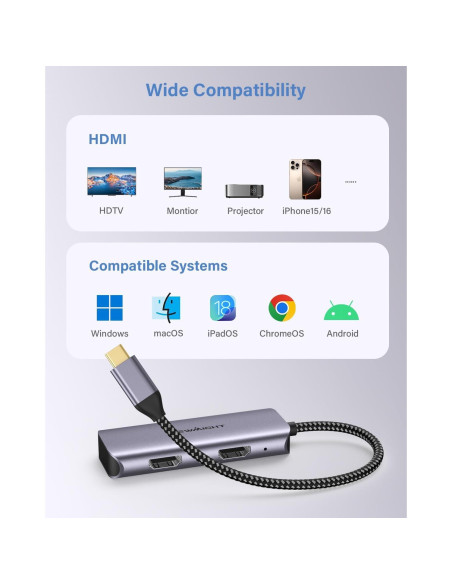 Adaptador USB C a Doble HDMI Newmight 4K 60Hz Gris Adaptador USB C a Doble HDMI Newmight 4K 60Hz Gris