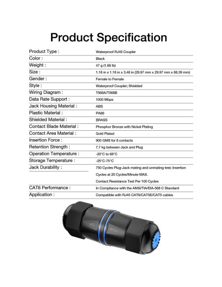 Acoplador RJ45 a Prueba de Agua VCELINK IP68 Cat6 - Paquete de 6 Acoplador RJ45 a Prueba de Agua VCELINK IP68 Cat6 - Paquete de 6