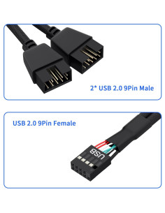 Divisor USB 2.0 OwlTree 9 Pines Doble Extensión 16 cm Negro 2