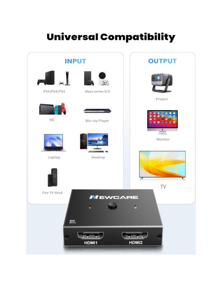 Interruptor HDMI 2 en 1 NEWCARE 8K 60Hz 4K 120Hz Aluminio Interruptor HDMI 2 en 1 NEWCARE 8K 60Hz 4K 120Hz Aluminio