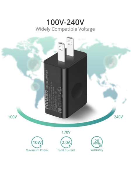 Cargador de Pared USB FONKEN 5V 2A Universal Viaje Cargador de Pared USB FONKEN 5V 2A Universal Viaje