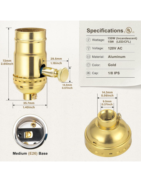 Portalámparas Regulable DiCUNO E26 Vintage Dorado 150W Portalámparas Regulable DiCUNO E26 Vintage Dorado 150W