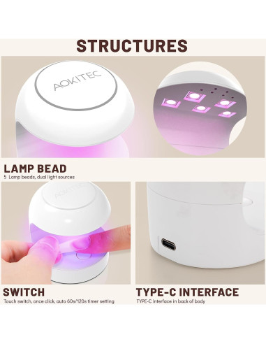Lámpara UV LED Portátil Aokitec 12W para Uñas de Gel - Blanca