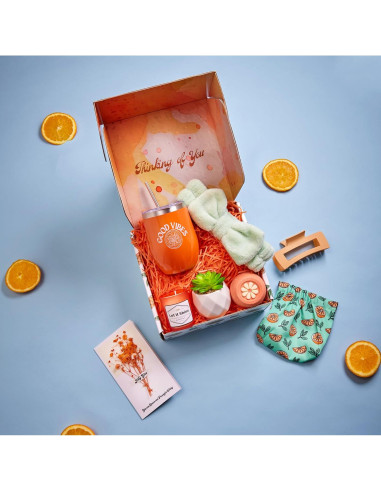 Cesta de Regalo Temática Naranja Sunny&Wise para Mujeres - Autocuidado 9 Piezas
