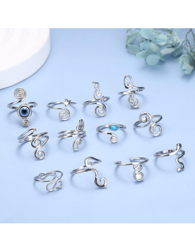 FIBO STEEL 12 Anillos Ajustables para Dedos Mujeres Plateados
