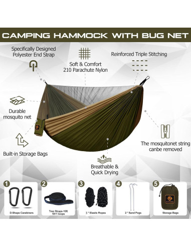 Hamaca Doble Qevooon con Red Mosquitos 3,05m Verde y Caqui