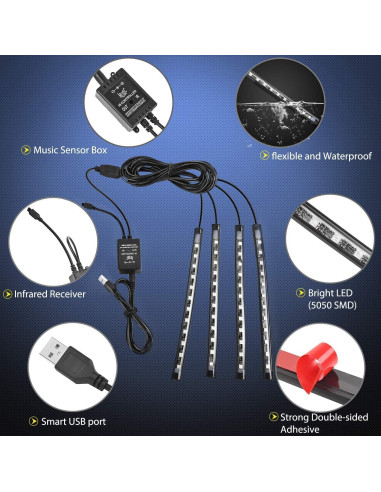 Luces LED interiores para coche Leiboow 4 piezas RGB 48 LEDs