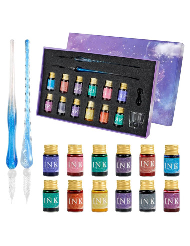 Set de Caligrafía OT-NVWOZR con 2 Plumas de Vidrio y 12 Tintas