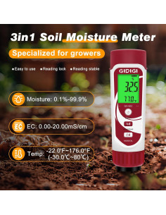 Medidor de Humedad del Suelo Digital 3 en 1 GIDIGI - EC, Temperatura 2