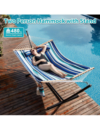 Hamaca Doble Homgava con Soporte Acero 217kg Rayas Azules