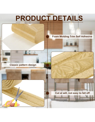 Moldura de Espuma Autoadhesiva uxcell 2 Pcs 2.44m Dorado